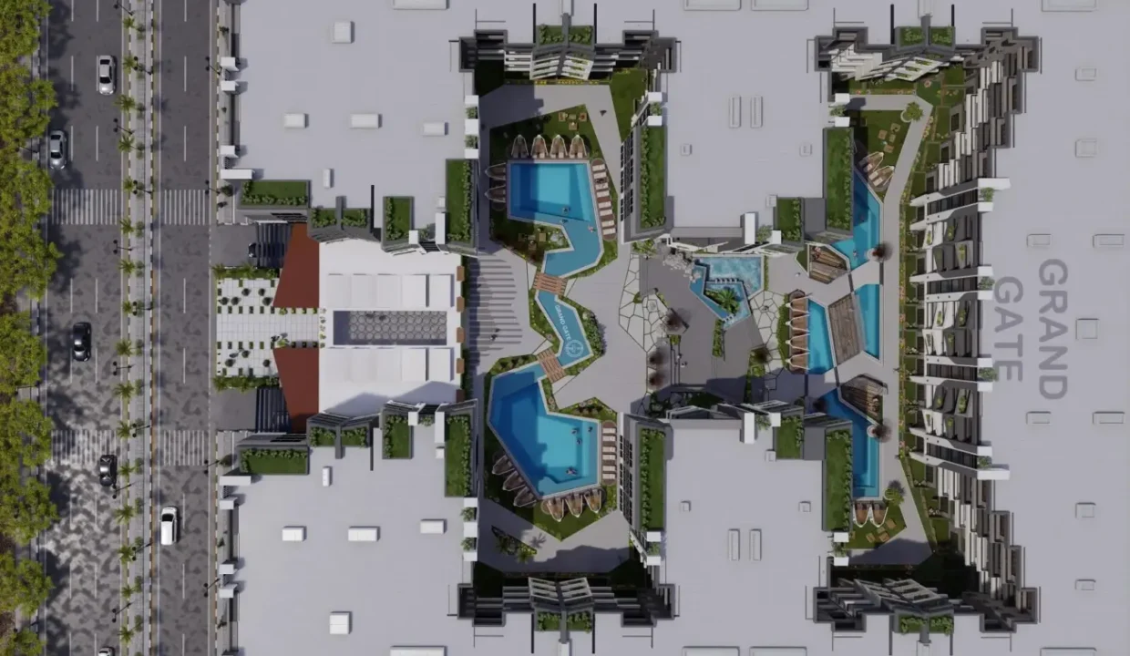 Grand Gate Hurghada 3D project visualisation, aerial view of pools