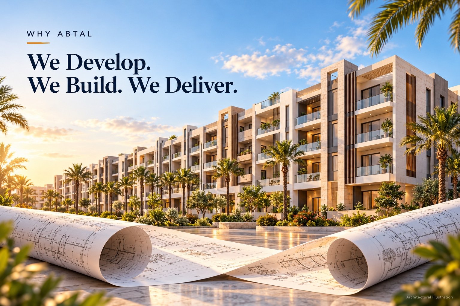 Why Abtal — We develop. We build. We deliver. Architectural illustration with residences and construction plans.