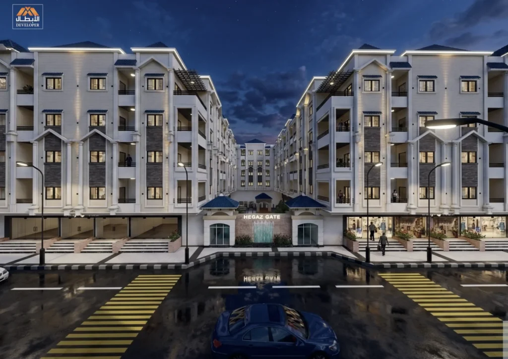 الحجاز جيت — صورة 3D لمدخل المشروع ليلًا